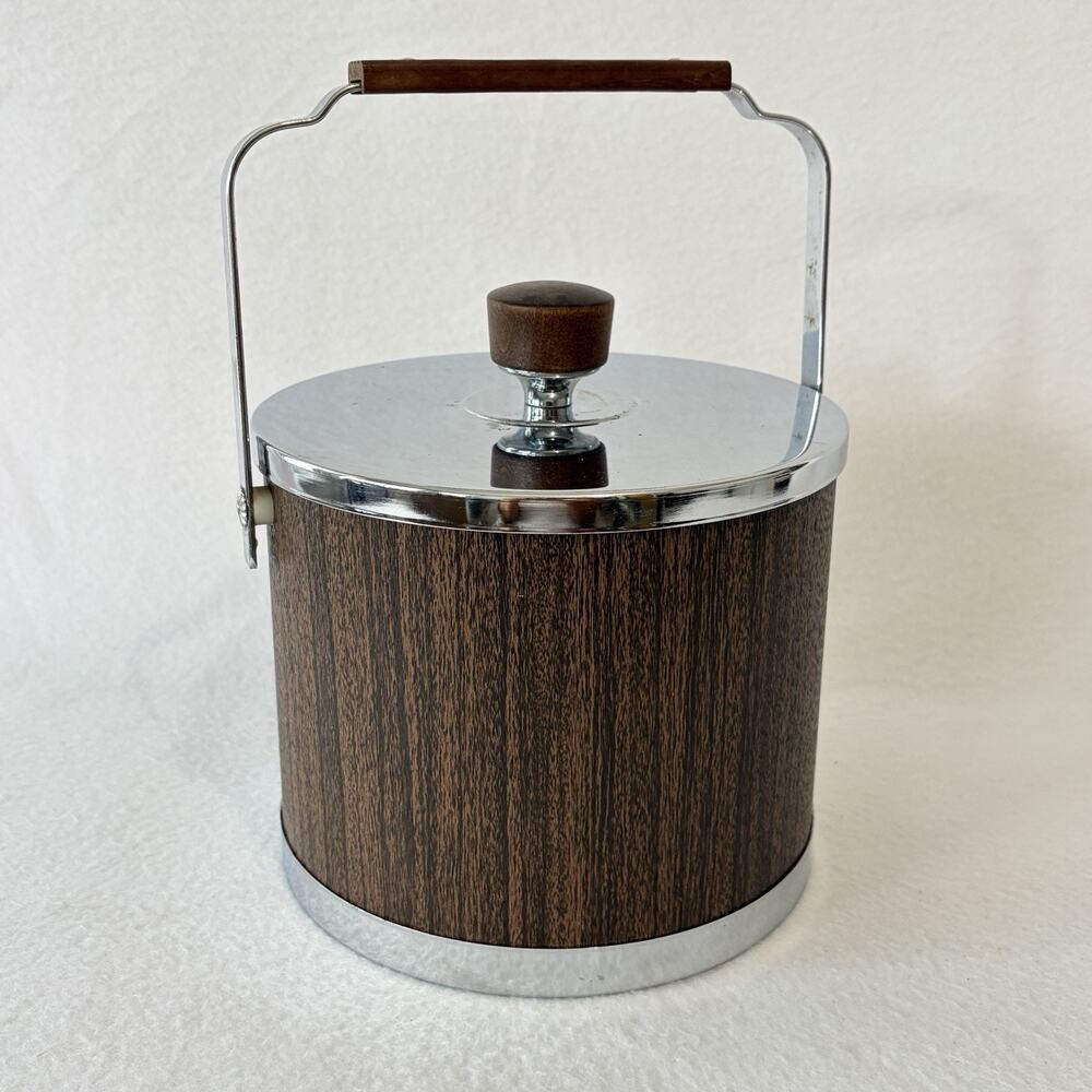 Vintage Ice Bucket Faux Wood Chrome Mid Century Modern Atapco Retro Barware USA